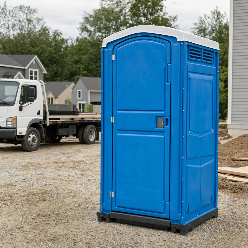 Delivery driver positioning a clean royal-blue portable toilet on level ground at a Clinton worksite