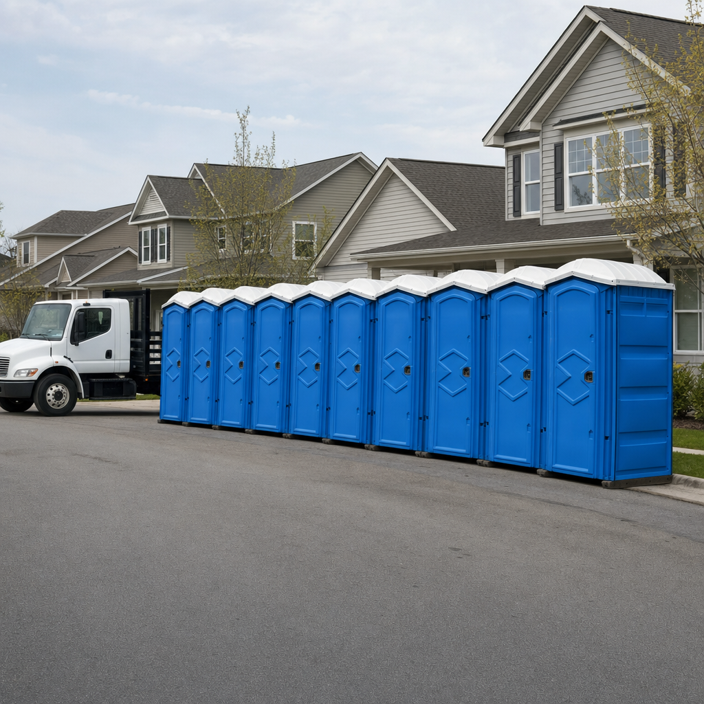 Royal blue portable toilets staged in a tidy row at a Clinton jobsite, ready for delivery